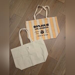 SET! Sezane Octobre Editions Cream Velvet Tote And Yellow Striped Tote With Note